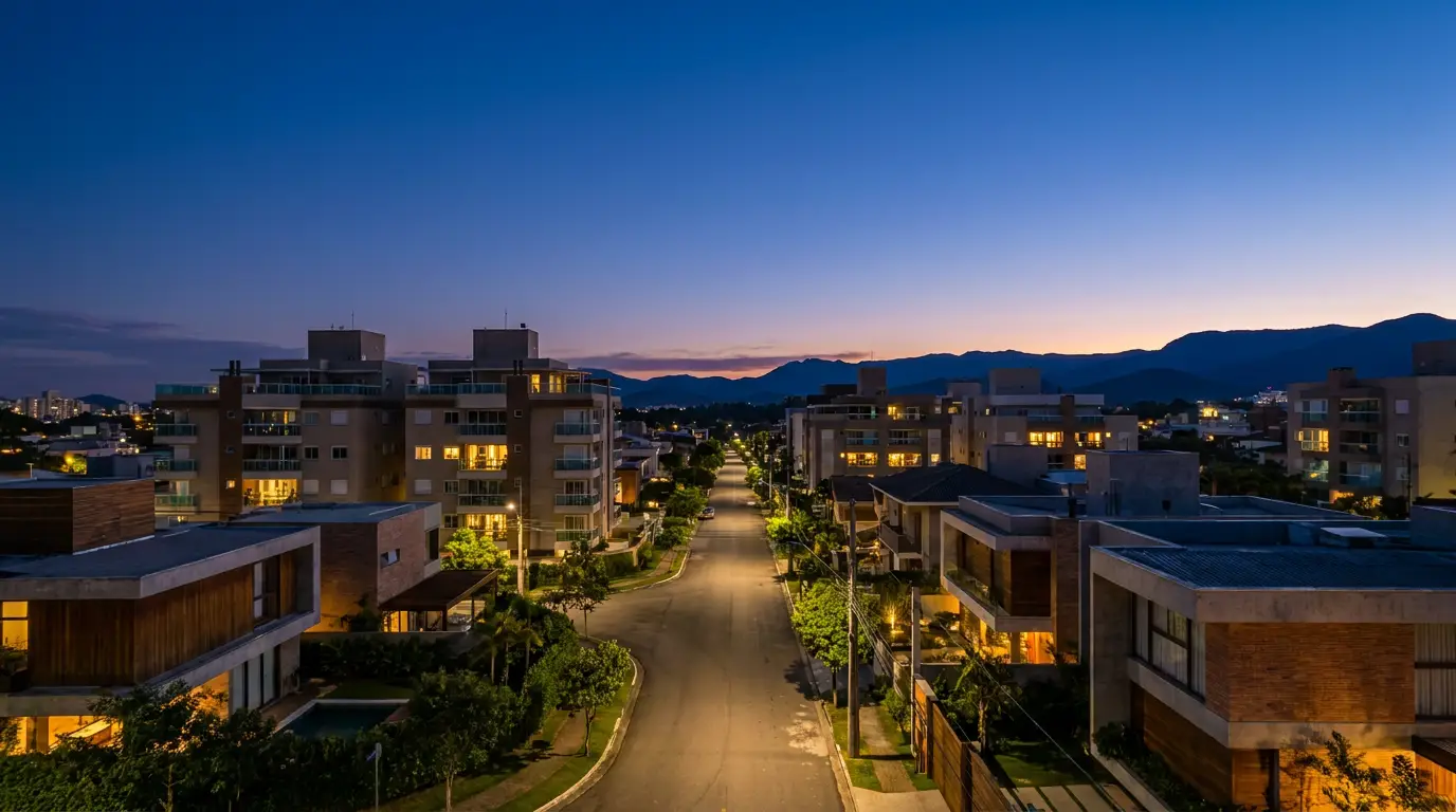 Bairro residencial de São José dos Campos ao anoitecer